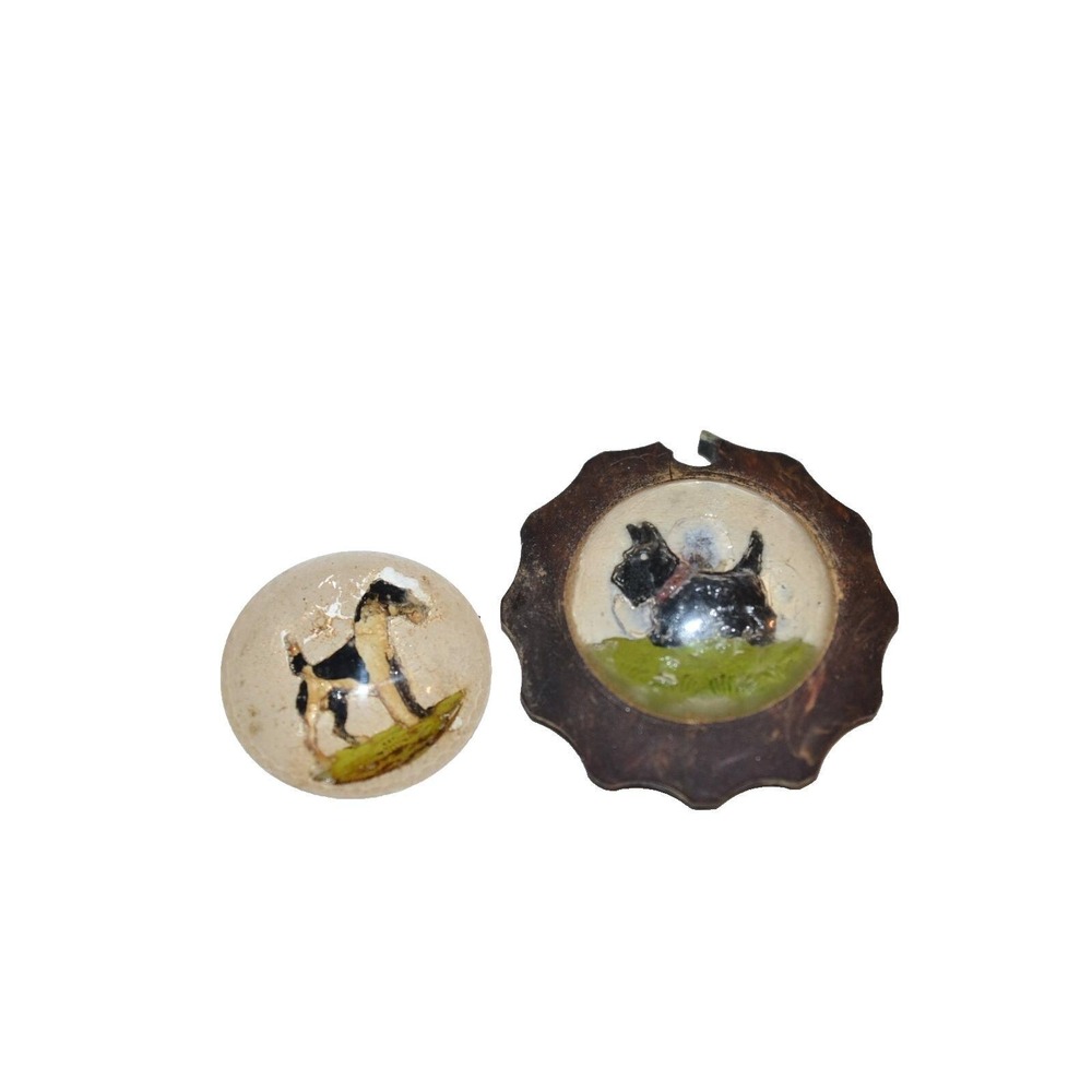 Vtg INTAGLIO Scotty dog & Terrier Reverse carved cameo 2 pc set TLC lot